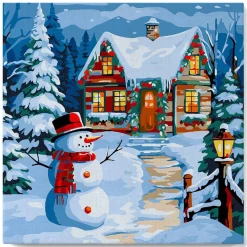 Mini peinture au numéro : Bonhomme de Neige et Chaumière - toile tendue sur chassis - Figured'Art