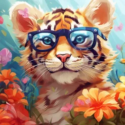 Mini peinture au numéro : Bébé Tigre fantaisie et fleurs - toile tendue sur chassis - Figured'Art