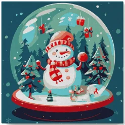 Mini peinture au numéro : Bonhomme de Neige dans sa Boule - toile tendue sur chassis - Figured'Art