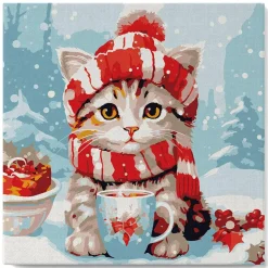 Mini peinture au numéro : Chat Mignon avec Écharpe Rouge - toile tendue sur chassis - Figured'Art