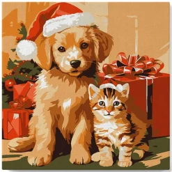 Mini peinture au numéro : Chat et Chien de Noël - toile tendue sur chassis - Figured'Art