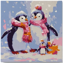 Mini peinture au numéro : Famille de Pingouins sous la Neige - toile tendue sur chassis - Figured'Art