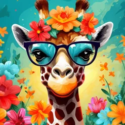 Mini peinture au numéro : Girafe fantaisie et fleurs - toile tendue sur chassis - Figured'Art