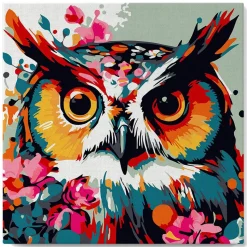 Mini peinture au numéro : Hibou Fantaisie et Fleurs - toile tendue sur chassis - Figured'Art