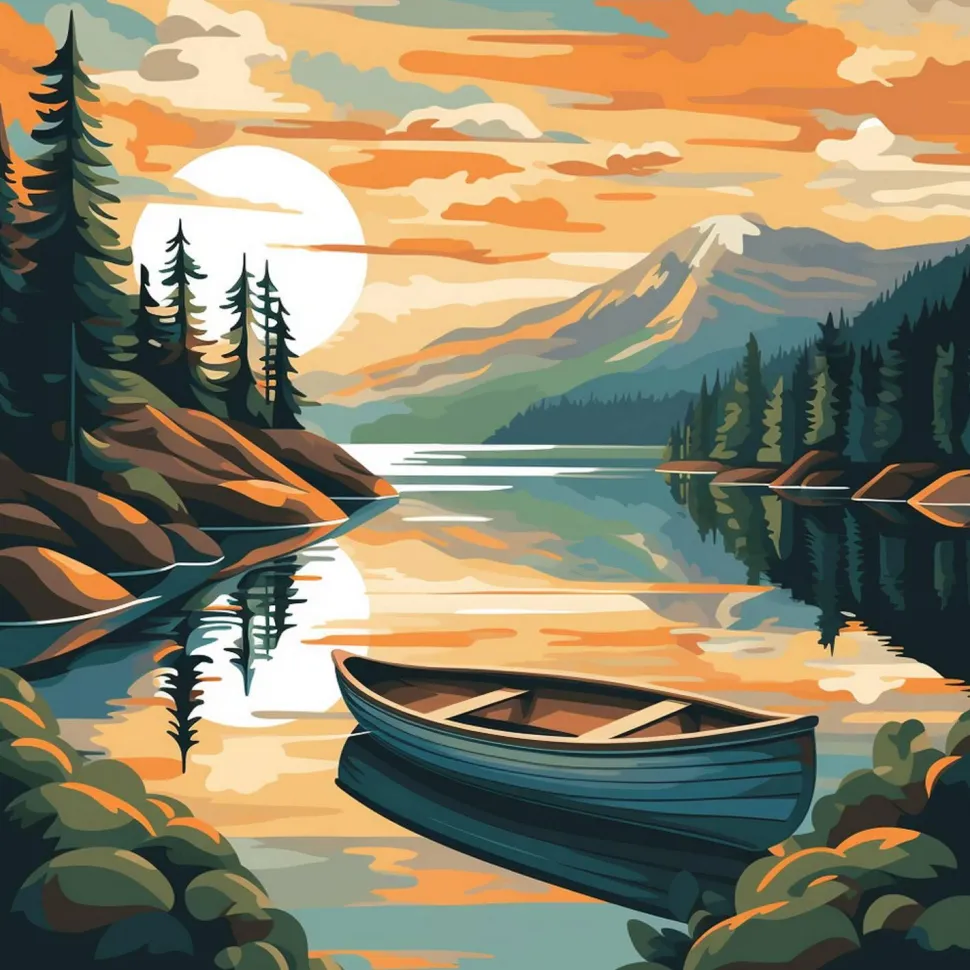 Mini peinture au numéro : Lac de montagne et canoë - toile tendue sur chassis - Figured'Art