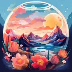 Mini peinture au numéro : Montagnes et boule de verre - toile tendue sur chassis - Figured'Art