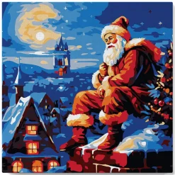 Mini peinture au numéro : Père Noël sur les toits - toile tendue sur chassis - Figured'Art
