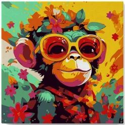 Mini peinture au numéro : Singe Fantaisie et Fleurs - toile tendue sur chassis - Figured'Art