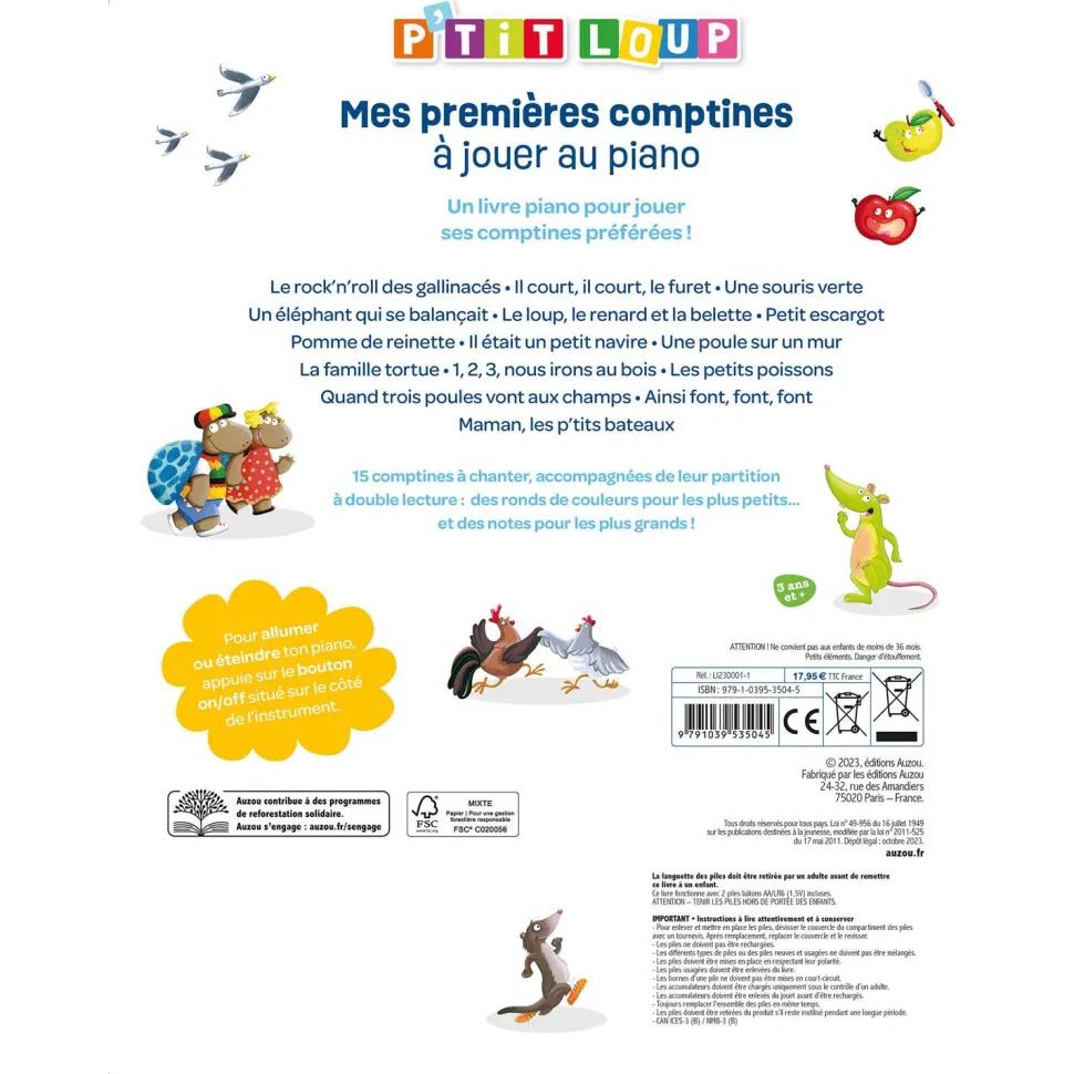 MON LIVRE PIANO - MES PREMIÈRES COMPTINES À JOUER AU PIANO - P'TIT LOUP - Editions Auzou