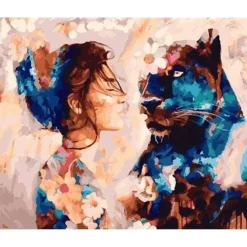 Peinture au numéro : Complicité Femme et Panthère noire - sans châssis en bois - Figured'Art