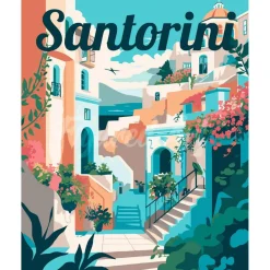 Peinture au numéro : Affiche de voyage Santorin en fleurs - sans châssis en bois - Figured'Art