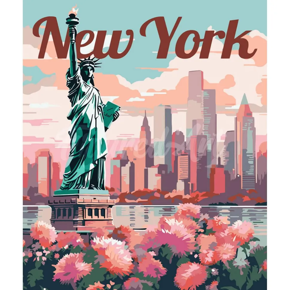 Peinture au numéro : Affiche de voyage New York en fleurs - toile tendue sur châssis - Figured'Art