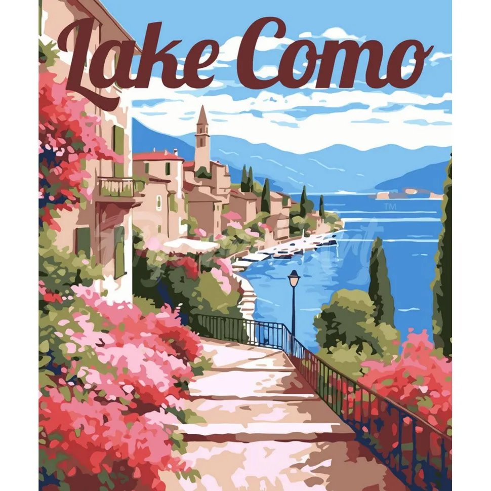 Peinture au numéro : Affiche de voyage lac de Côme en fleurs - toile tendue sur châssis - Figured'Art
