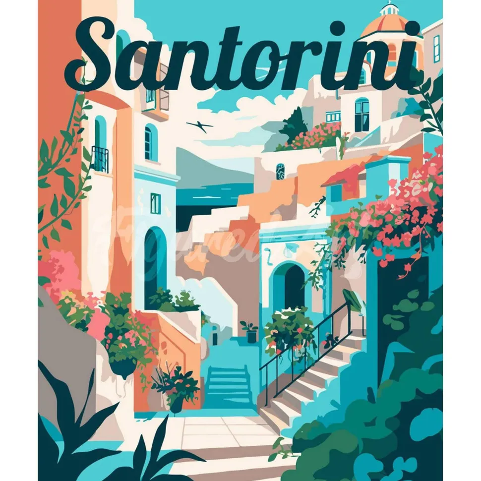 Peinture au numéro : Affiche de voyage Santorin en fleurs - toile tendue sur châssis - Figured'Art