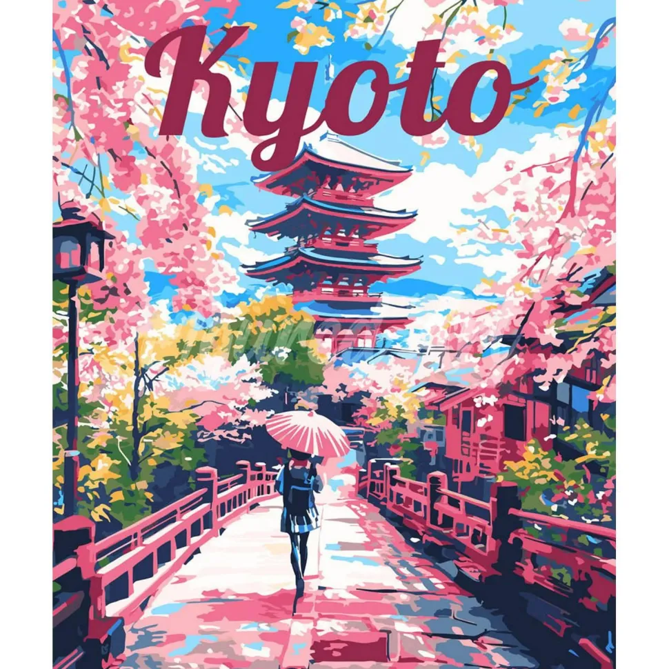 Peinture au numéro : Affiche de voyage Kyoto en fleurs - toile tendue sur châssis - Figured'Art
