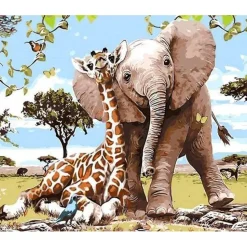 Peinture au numéro : Amis Eléphant & Girafe - toile tendue sur châssis - Figured'Art