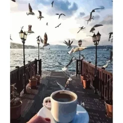 Peinture au numéro : Café et Mouettes au bord de l'eau - sans châssis en bois - Figured'Art