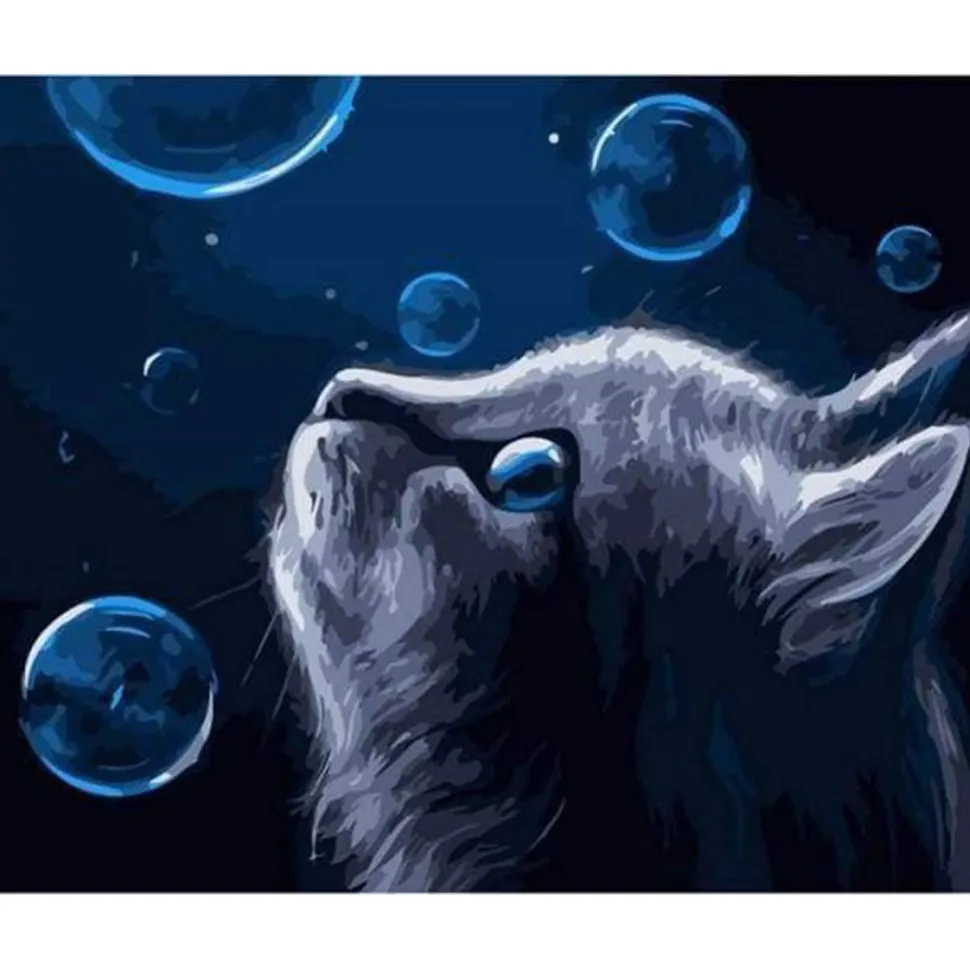 Peinture au numéro : Chat et Bulles bleues - sans châssis en bois - Figured'Art