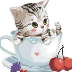 Peinture au numéro : Chat et Cerises - sans châssis en bois - Figured'Art