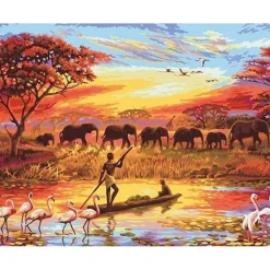 Peinture au numéro : Coucher de soleil Eléphants - sans châssis en bois - Figured'Art