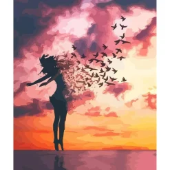 Peinture au numéro : Femme et Oiseaux au Lever du Jour - sans châssis en bois - Figured'Art