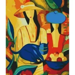Peinture au numéro : Femmes et chat bleu - sans châssis en bois - Figured'Art