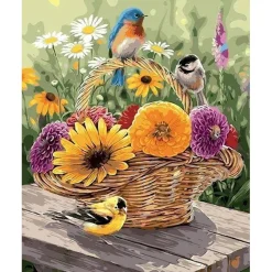 Peinture au numéro : Fleurs dans un Panier et Oiseaux - sans châssis en bois - Figured'Art