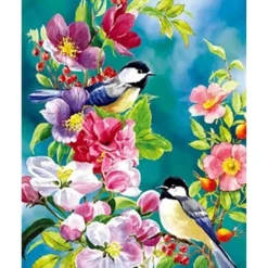 Peinture au numéro : Jolis oiseaux au Printemps - sans châssis en bois - Figured'Art