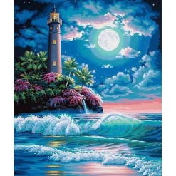 Peinture au numéro : Phare sous la pleine Lune - sans châssis en bois - Figured'Art