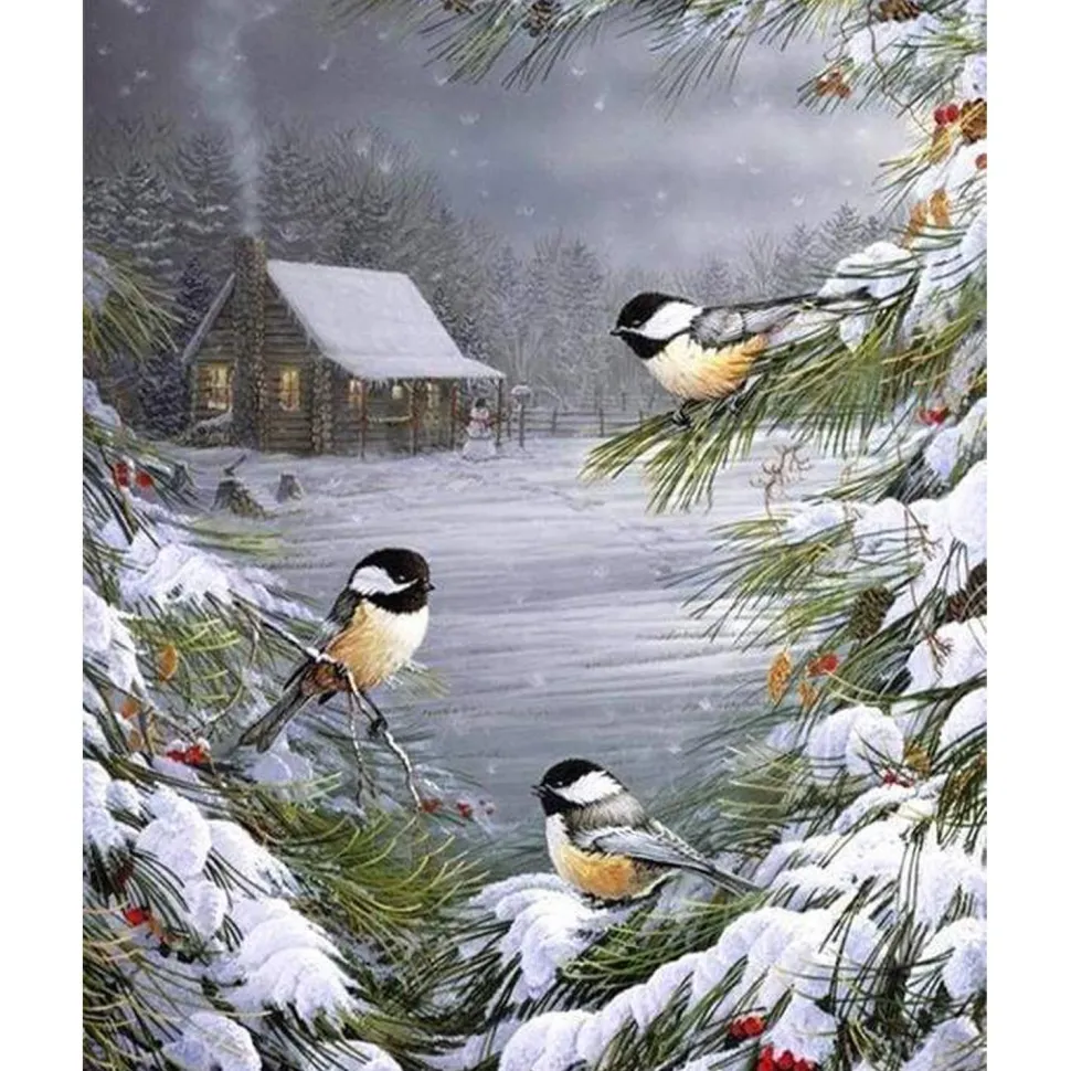 Peinture au numéro : Trois Oiseaux sous la Neige - sans châssis en bois - Figured'Art