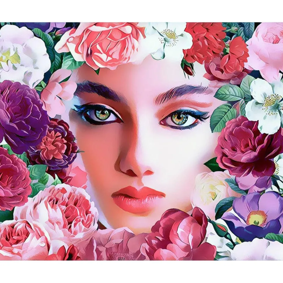 Peinture au numéro : Visage et Fleurs - toile tendue sur châssis - Figured'Art