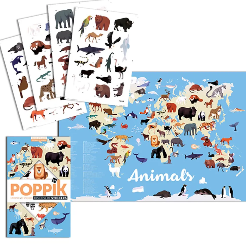 Poster pédagogique et stickers : Animaux du monde - Poppik
