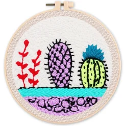 Punch Needle : Cactus sur fond blanc - avec cadre - Figured'Art