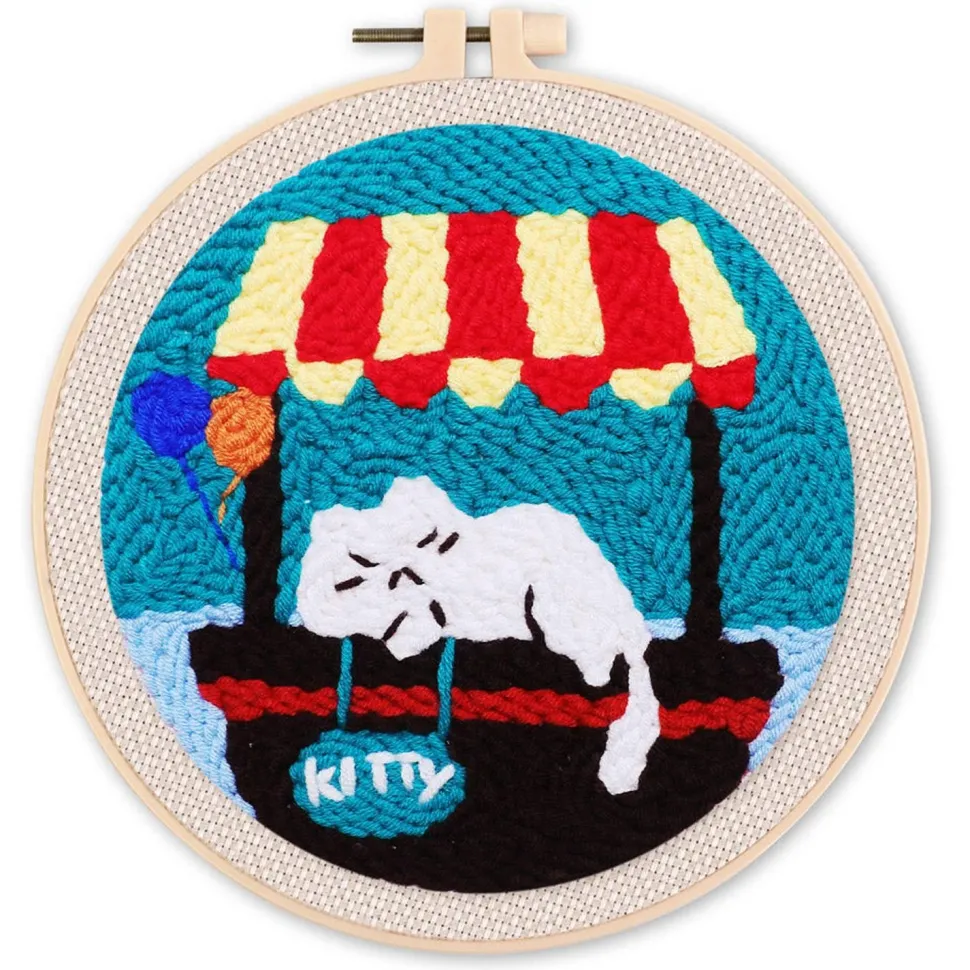 Punch Needle : Chat endormi - avec cadre - Figured'Art