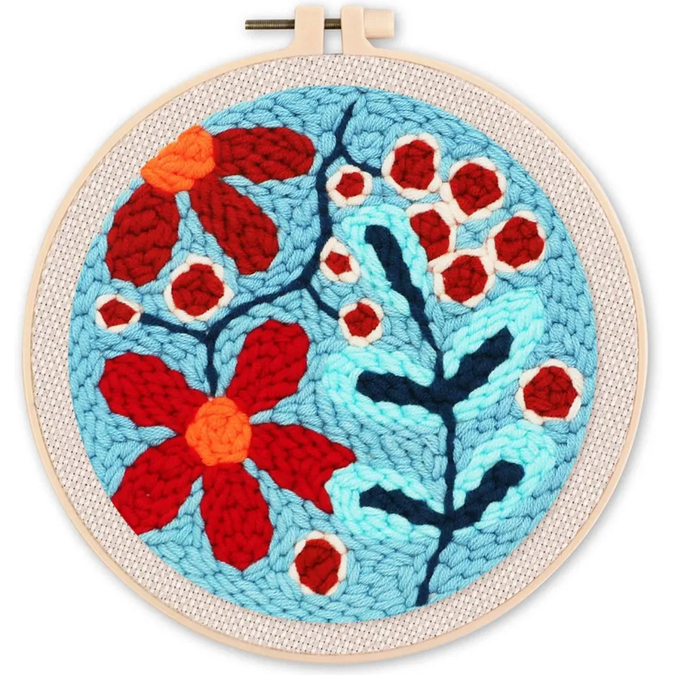 Punch Needle : Explosion de Fleurs rouges - avec cadre - Figured'Art
