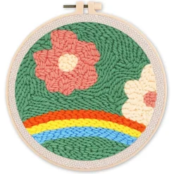 Punch Needle : Fleurs et Arc en Ciel - avec cadre - Figured'Art