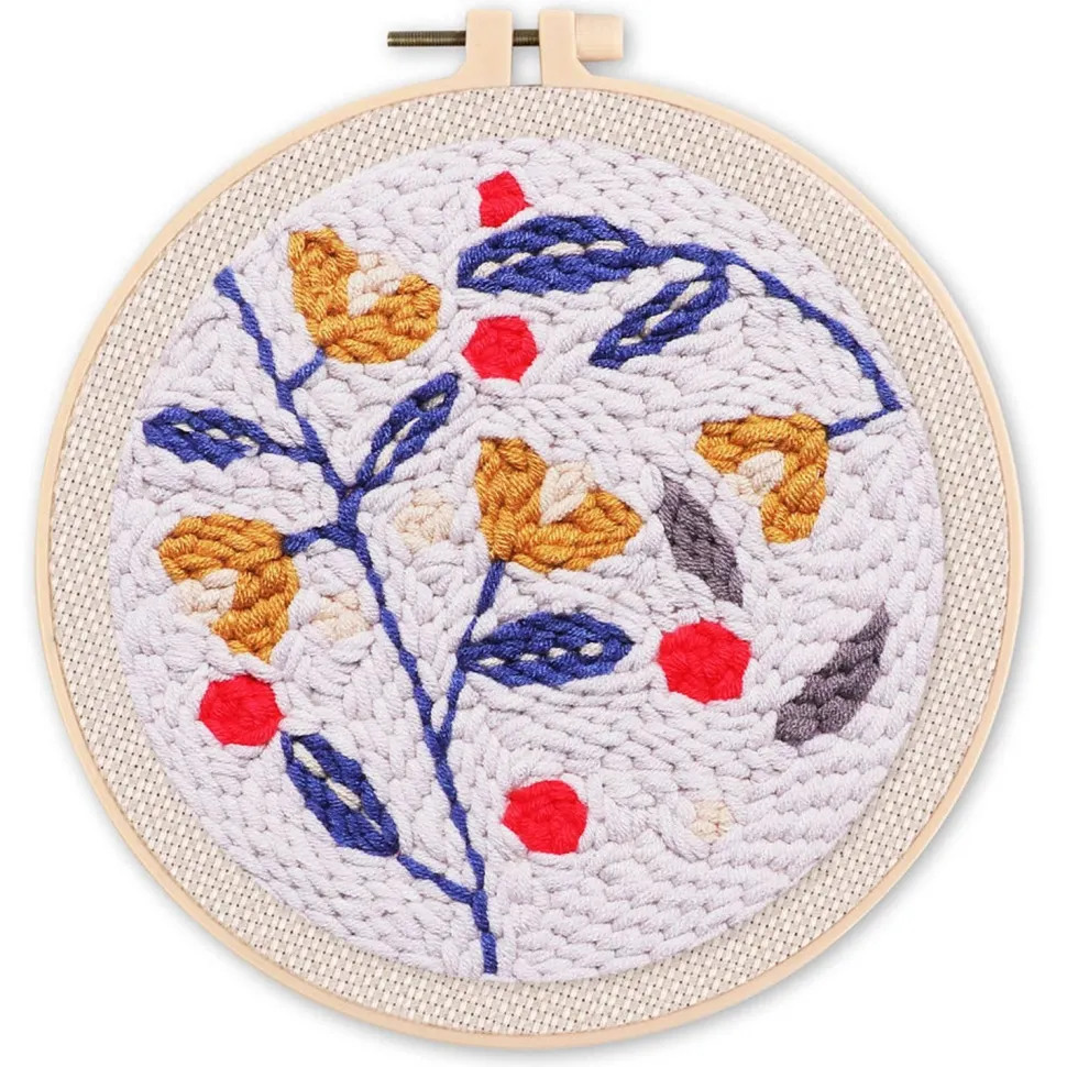 Punch Needle : Houx sur fond bleu - avec cadre - Figured'Art