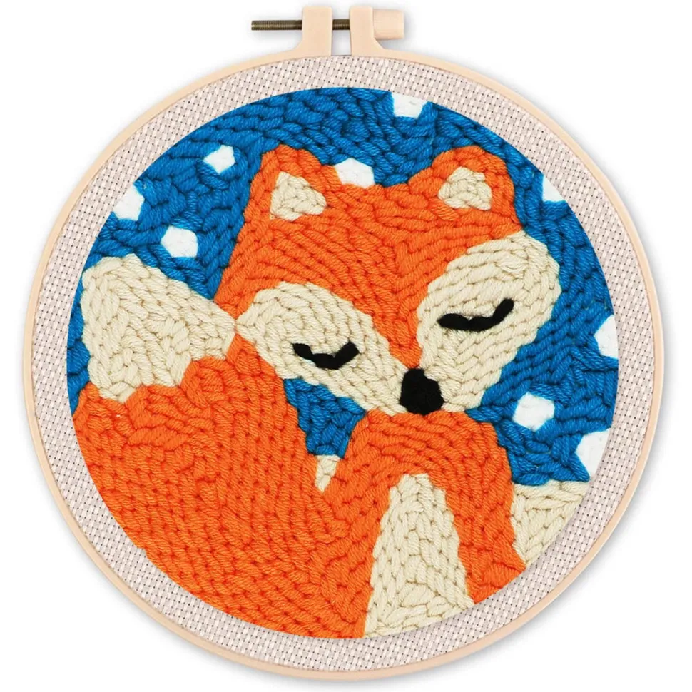 Punch Needle : Petit Renard et Ciel Bleu - avec cadre - Figured'Art