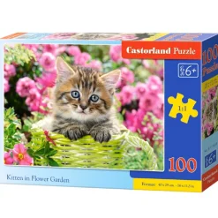 Puzzle 100 pièces : Chaton dans le jardin fleuri - Castorland
