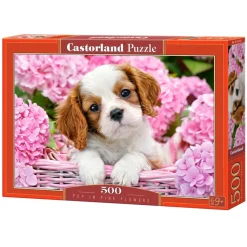 Puzzle 500 pièces : Chiot au milieu des fleurs - Castorland