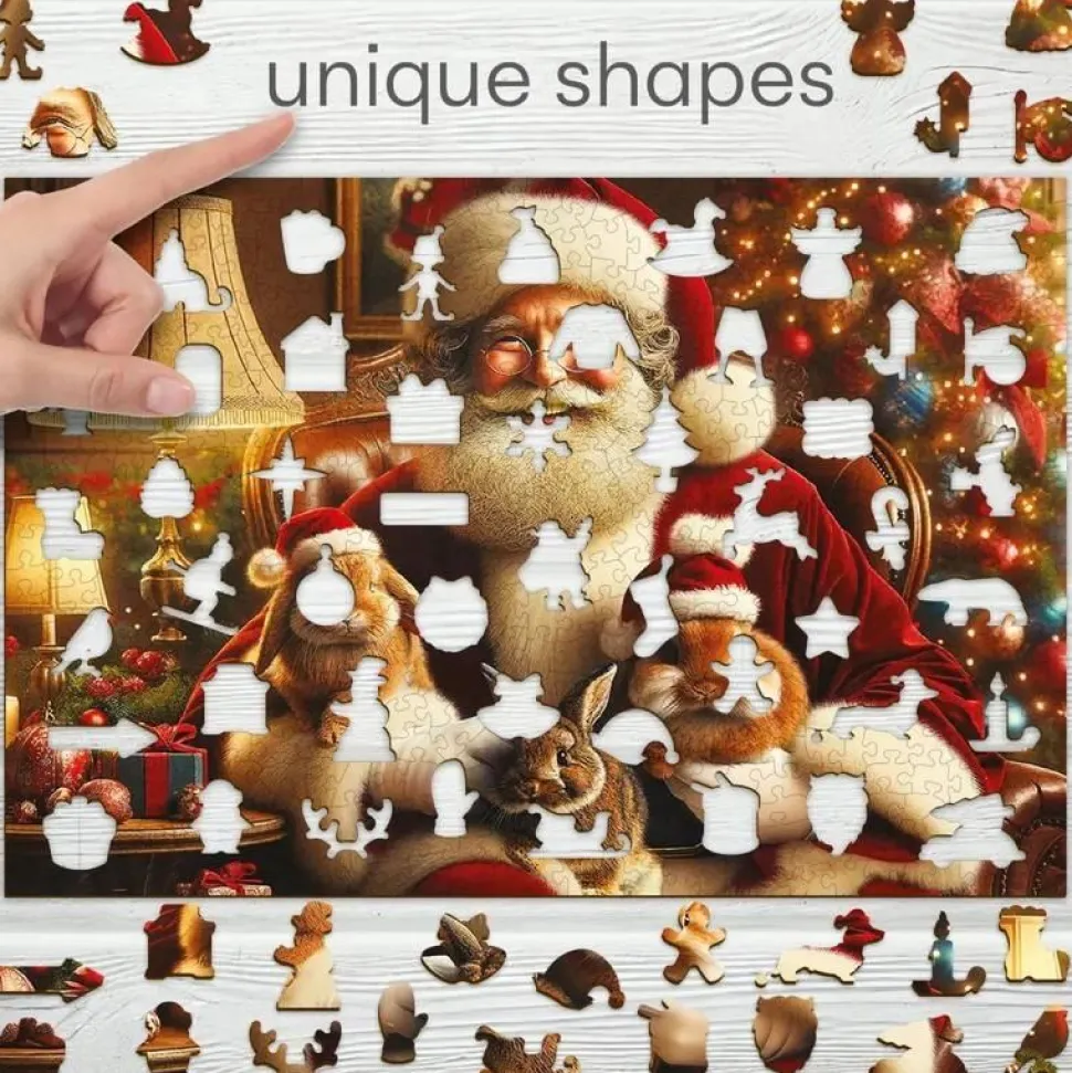 Puzzle 505 pièces en bois : Le Père Noël et ses adorables lapins - Wooden City