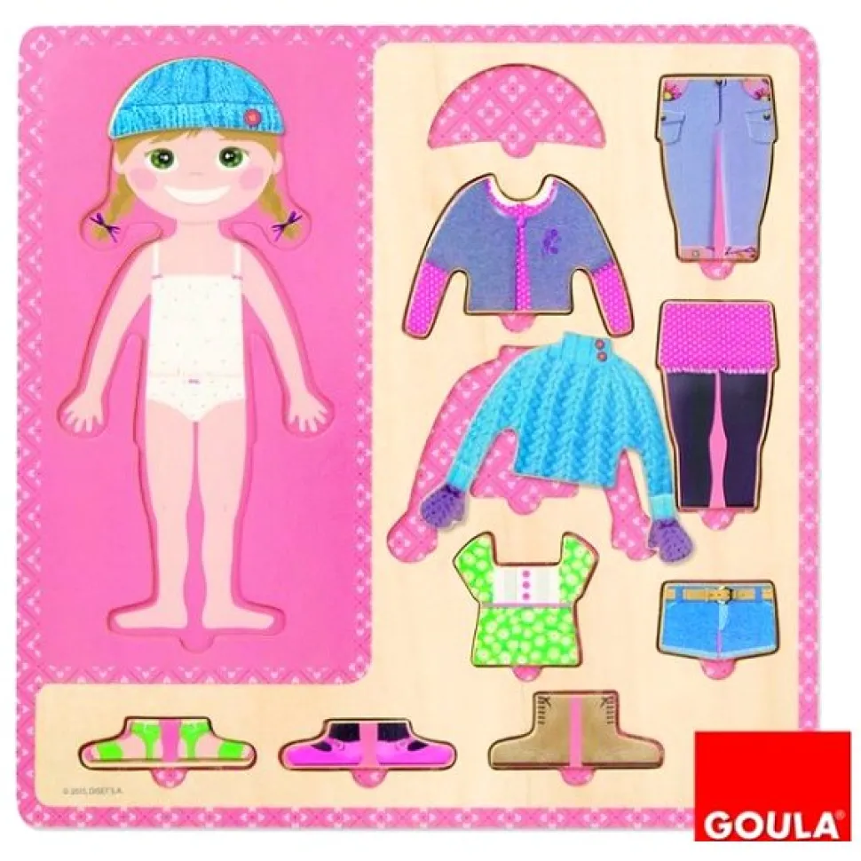 Puzzle 10 pièces en bois : Petite fille s'habille - Goula