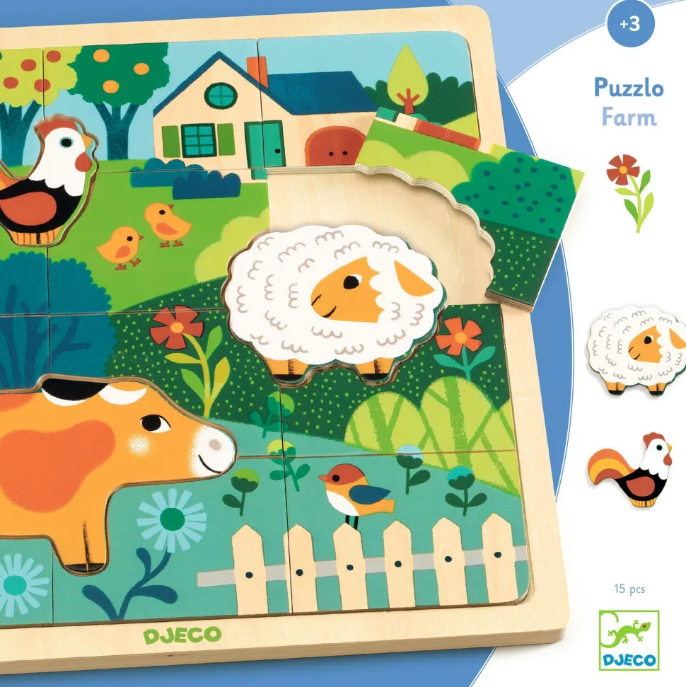 puzzle 15 pièces en bois : Puzzlo farm - Djeco