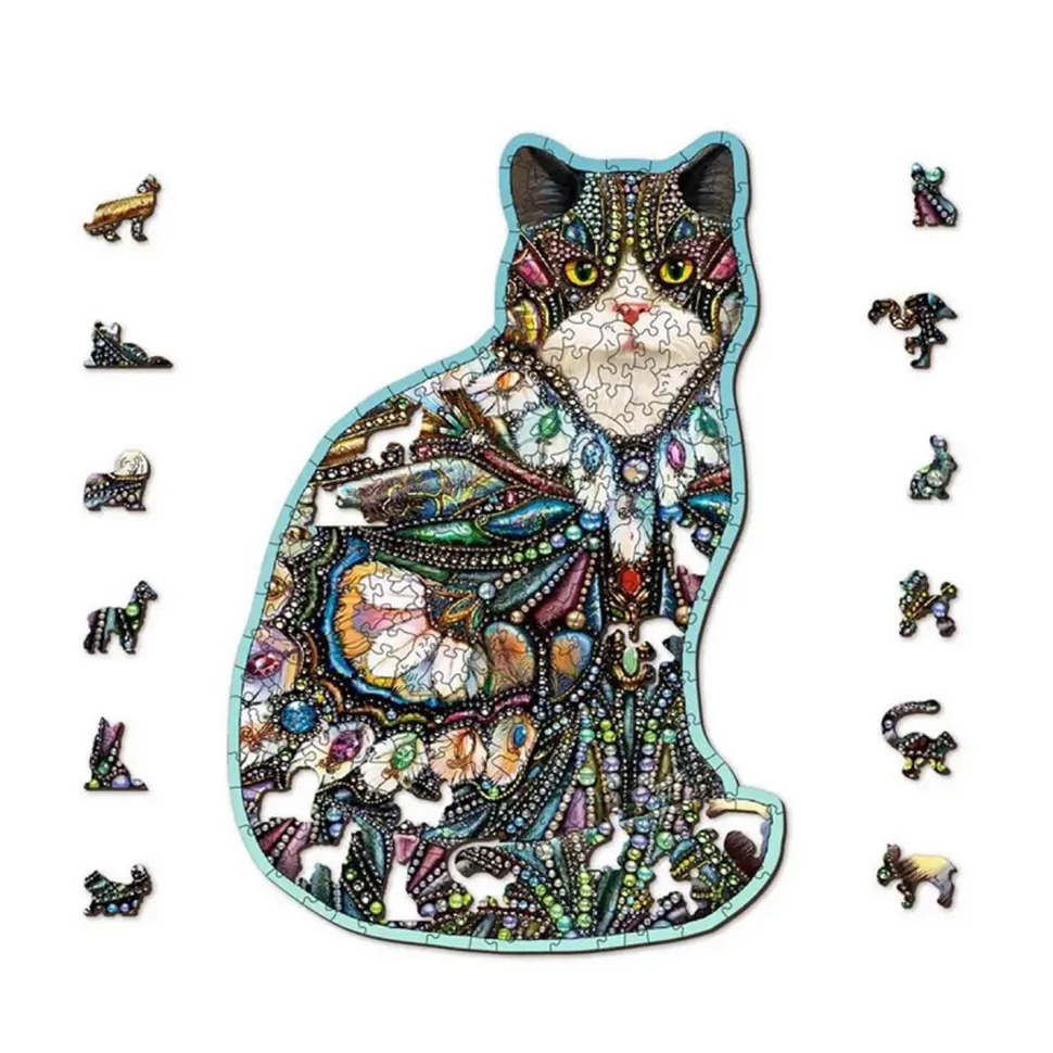 Puzzle 250 pièces/40 formes en bois : Le chat Bijoux - Wooden City