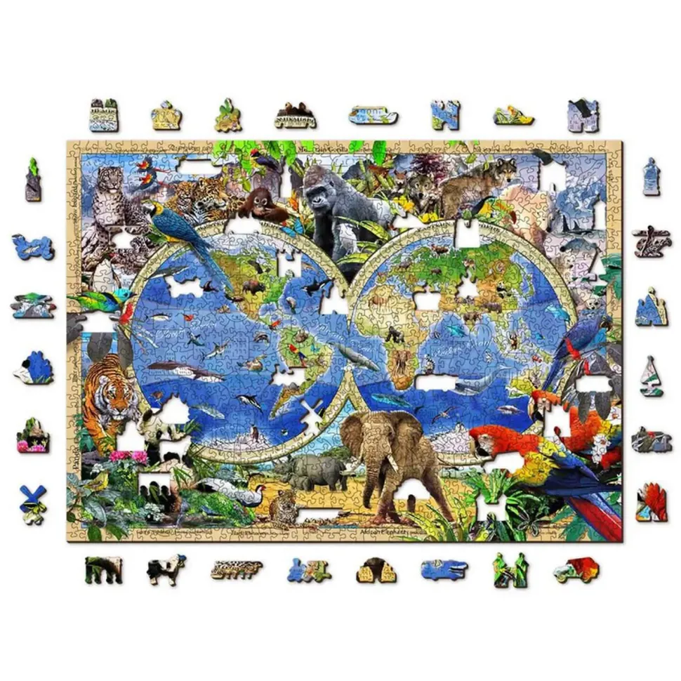 Puzzle 1010 pièces/100 formes en bois : Carte du règne animal - Wooden City