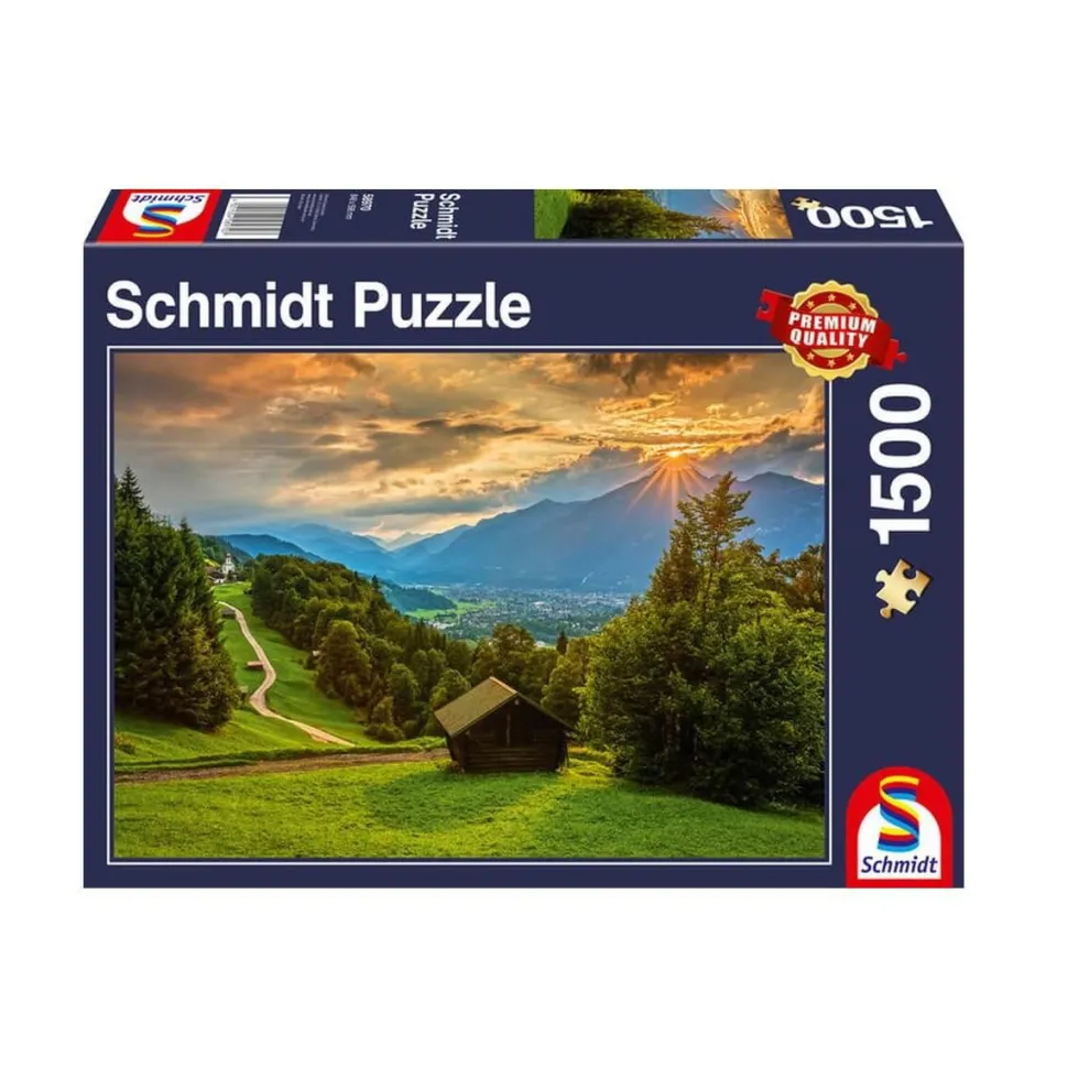 PUZZLE 1500 PIECES : COUCHER DE SOLEIL SUR LE VILLAGE DE MONTAGNE DE WAMBERG - Schmidt