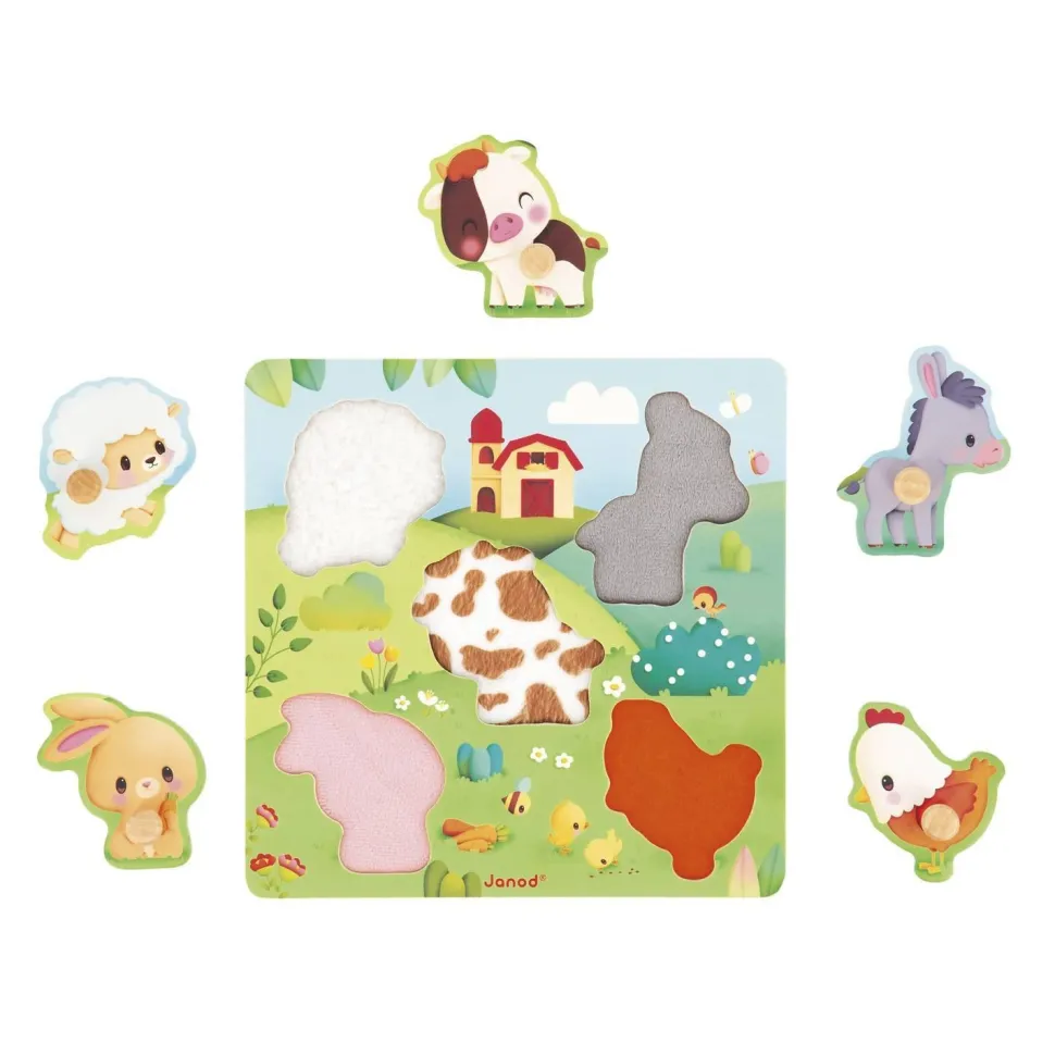 Puzzle encastrement en bois tactile : Ferme - 5 pièces - Janod