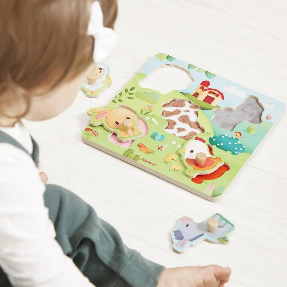 Puzzle encastrement en bois tactile : Ferme - 5 pièces - Janod