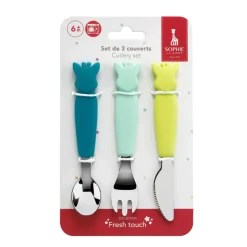 Set de 3 couverts inox et silicone : Sophie la girafe Azur - Vulli
