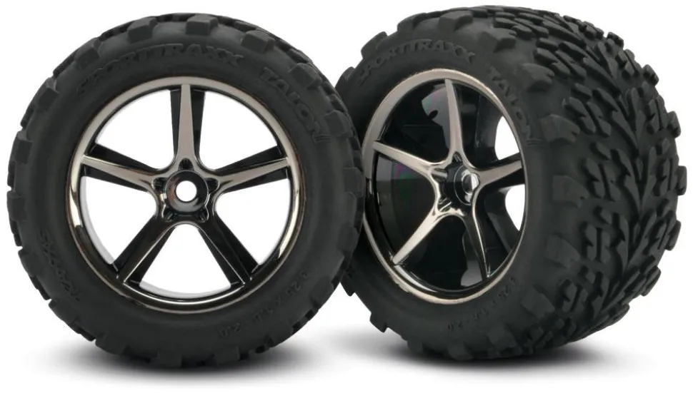 Tires and wheels, assembled, glued (Gemini black chrome wheels, Talon tires, foam inserts) (2) - Traxxas